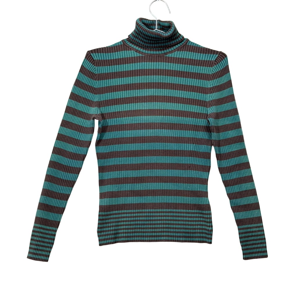 Vintage 2004 Gap Turtleneck Sweater Women Medium Teal Brown Striped Ribbed